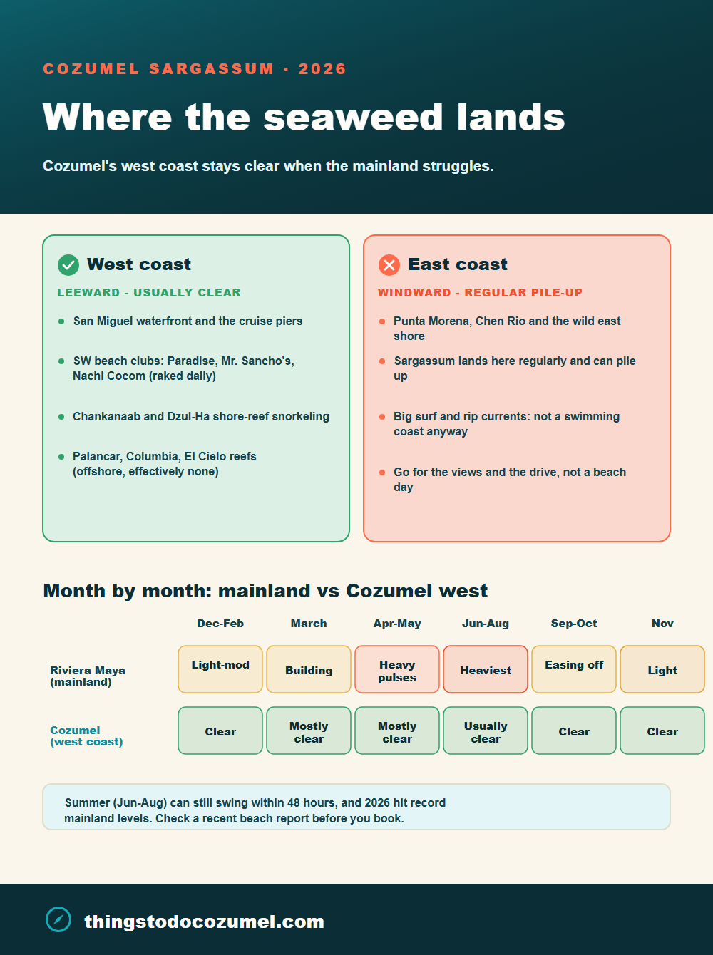 Cozumel sargassum infographic: the west coast (San Miguel, cruise piers, SW beach clubs, offshore reefs) stays clear while the east coast gets regular pile-up, plus a month-by-month calendar comparing mainland Riviera Maya to Cozumel's west coast